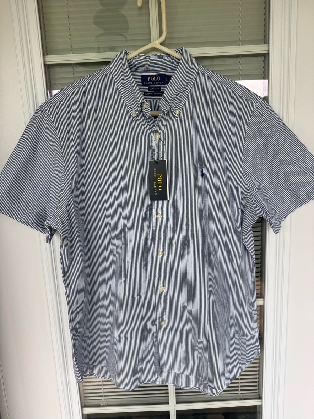 Polo by Ralph Lauren Navy and White Narrow-Stripe Short-Sleeve Button-Down Shirt